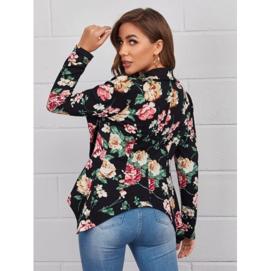 Shawl Collar Hanky Hem Floral Blazer