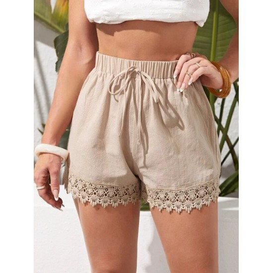 Knot Waist Lace Hem Solid Shorts