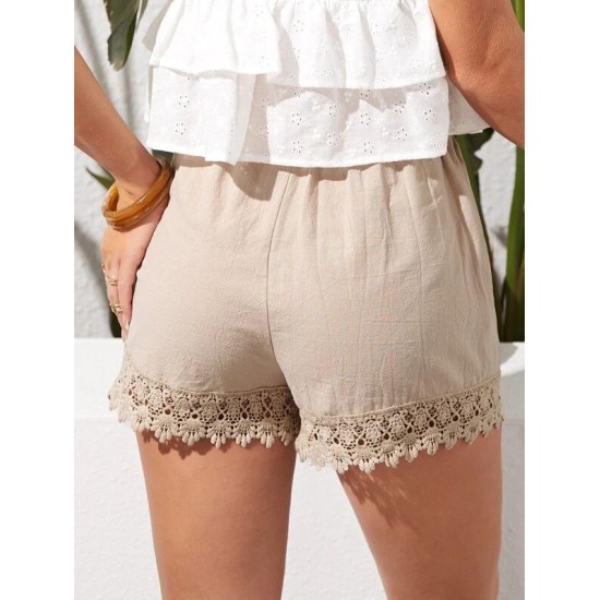 Knot Waist Lace Hem Solid Shorts