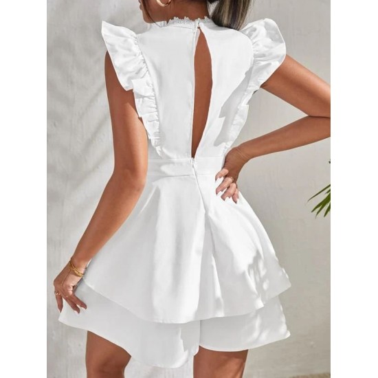 Guipure Lace Panel Ruffle Trim Two Layer Hem Romper