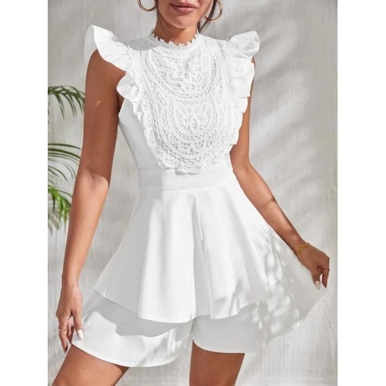 Guipure Lace Panel Ruffle Trim Two Layer Hem Romper