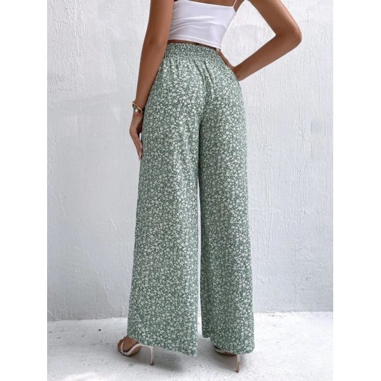 Ditsy Floral High Waist Plicated Detail Wide Leg Pants