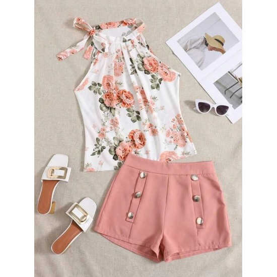 Floral Tie Neck Top & Button Shorts