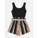 Notched Neck Block Stripe Belted Tank Romper