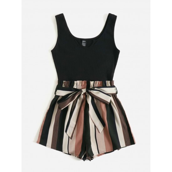 Notched Neck Block Stripe Belted Tank Romper