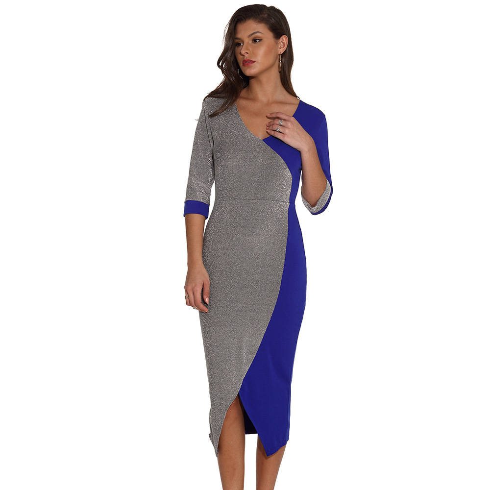 women's sexy sequins color blocking V-neck irregular seven-point sleeve  dress dresses